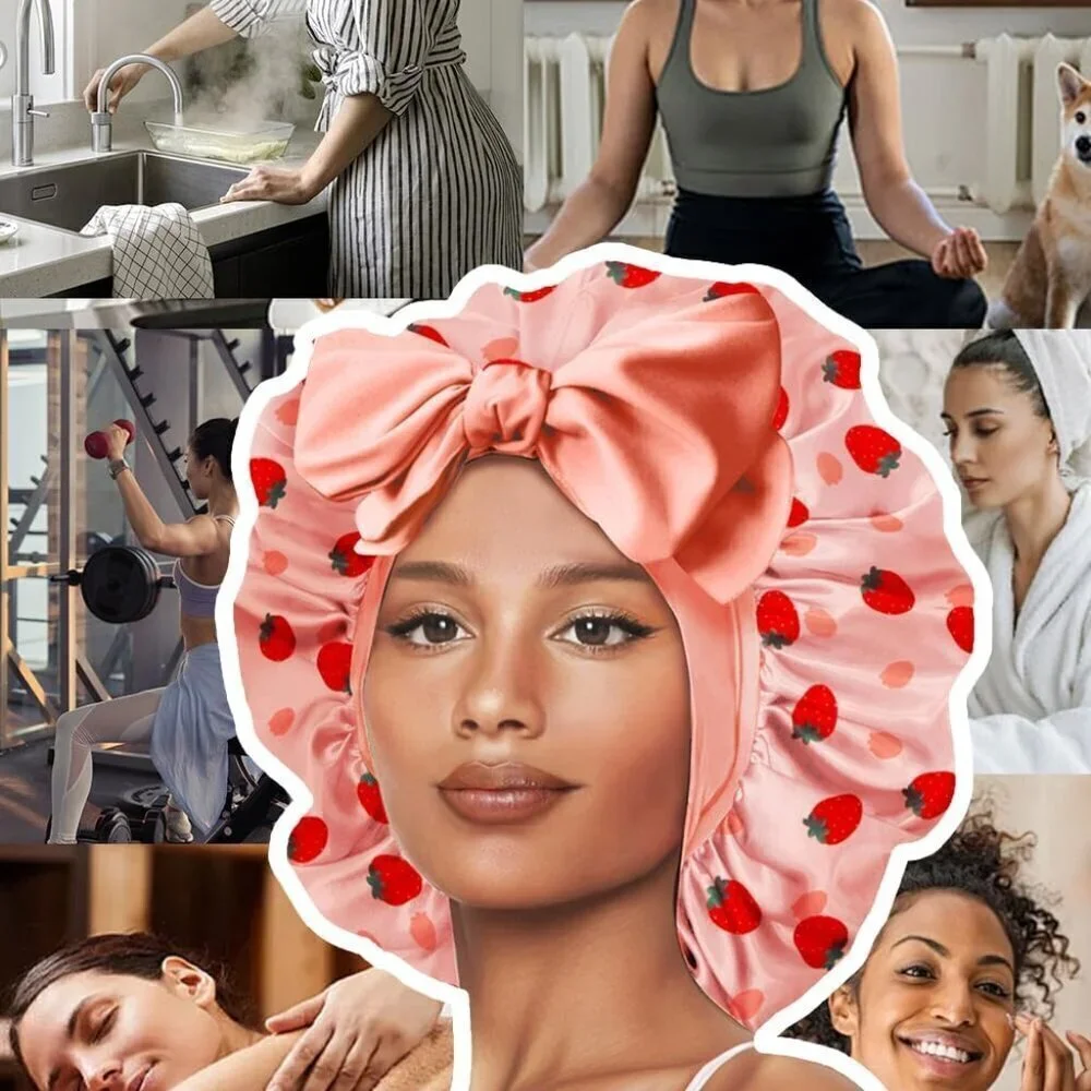 Double Layer Silk Bonnet with Tie Satin Lined Sleep Cap Hair Cover for Women's C